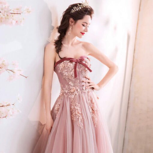 Pink Strapless Prom Dress Sleeveless A Line Long Birthday Dress - Image 3