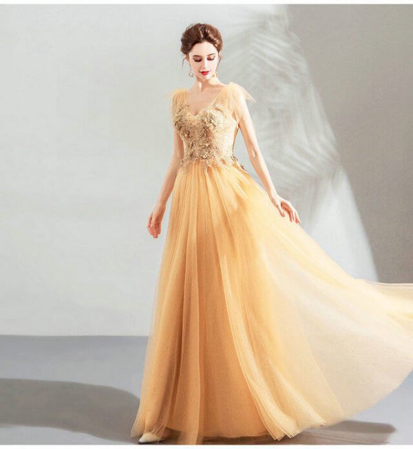 Yellow Prom Dress V Neck Sleeveless Birthday Dress - Image 4