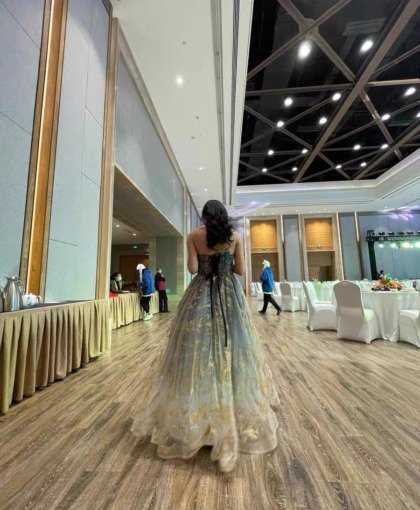 Blue And Gold Prom Dress Strapless Ball Gown Formal Dress