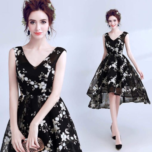 Black High Low Prom Dress V Neck A Line Cocktail Dress - Image 6