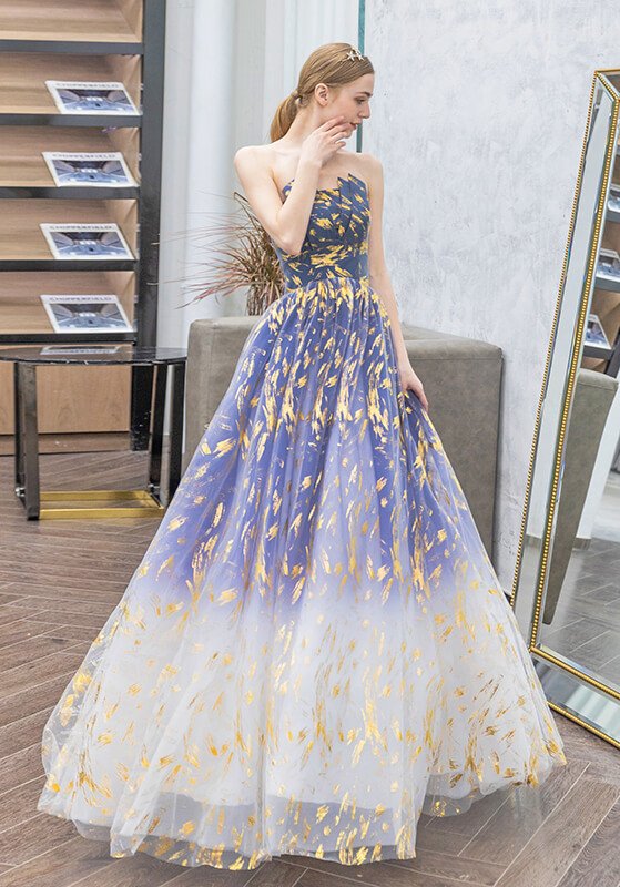 baby blue and gold prom dress