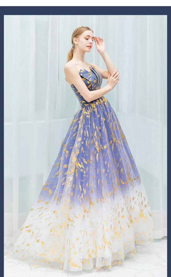Blue And Gold Prom Dress Strapless Ball Gown Formal Dress - Image 4