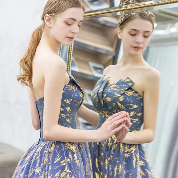Blue And Gold Prom Dress Strapless Ball Gown Formal Dress - Image 6