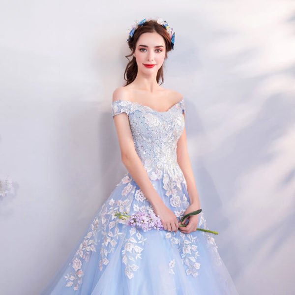 Blue Ball Gown Prom Dress Princess Off The Shoulder With Train