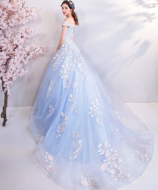 Alternative view of Blue Ball Gown Prom Dress Princess Off The Shoulder With Train