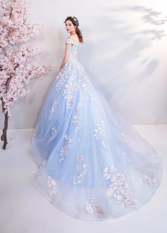 Blue Ball Gown Prom Dress Princess Off The Shoulder With Train - Image 2