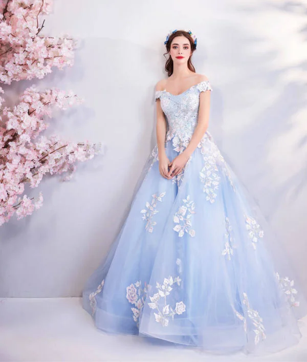 Blue Ball Gown Prom Dress Princess Off The Shoulder With Train - Image 5