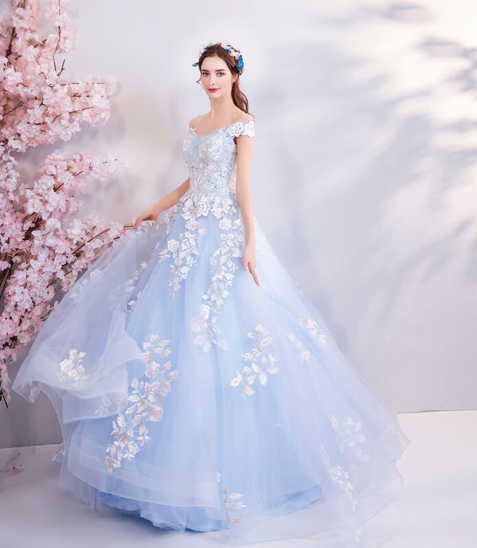 Blue Ball Gown Prom Dress Princess Off The Shoulder With Train