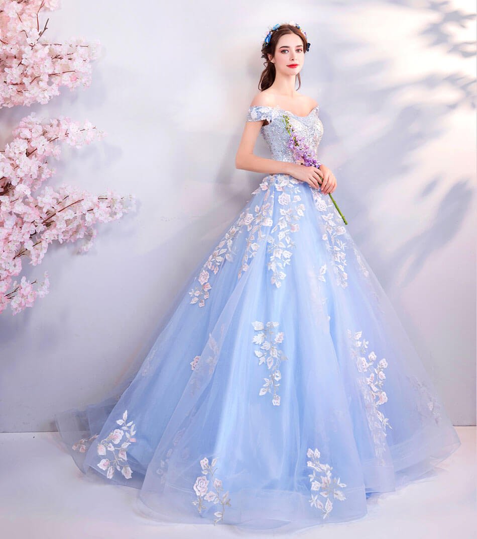 Blue Ball Gown Prom Dress Princess Off The Shoulder With Train