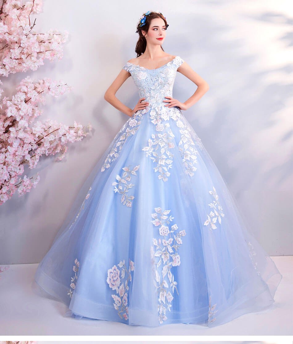 Blue Ball Gown Prom Dress Princess Off The Shoulder With Train