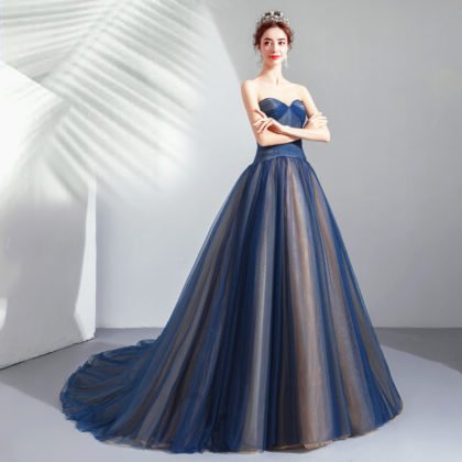 Dark Blue Prom Dresses 2019 Strapless Ball Gown With Train