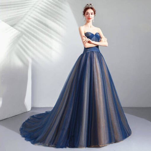 Dark Blue Prom Dresses 2019 Strapless Ball Gown With Train - Image 3