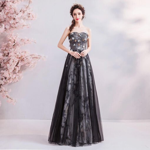 strapless black dress long 977-04