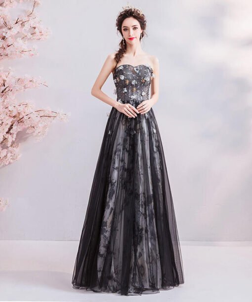 strapless black dress long 977-04