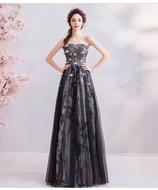 strapless black dress long 977-06