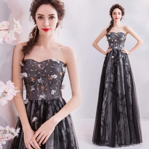 Strapless Black Dress Long Prom Dress A Line Bridesmaid Dress - Image 4