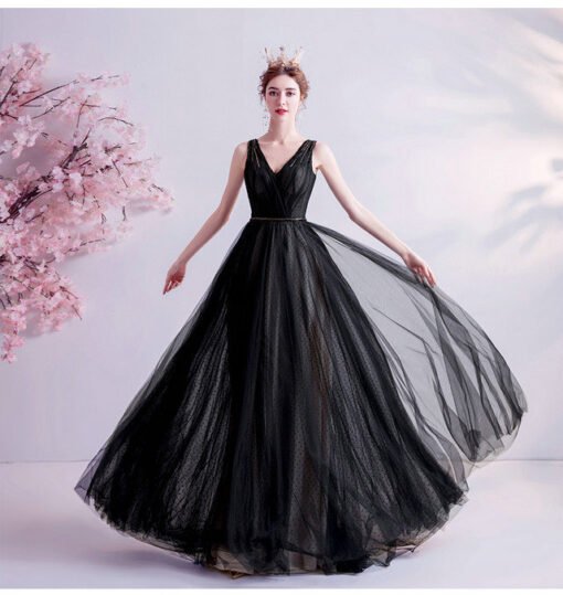 Black Long Evening Dress V Neck A Line Prom Dress - Image 4