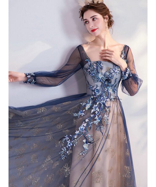 blue prom dress with sleeves 990-01