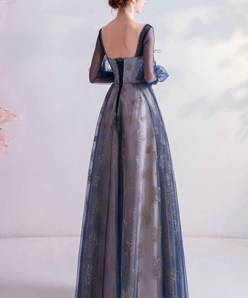 blue prom dress with sleeves 990-05