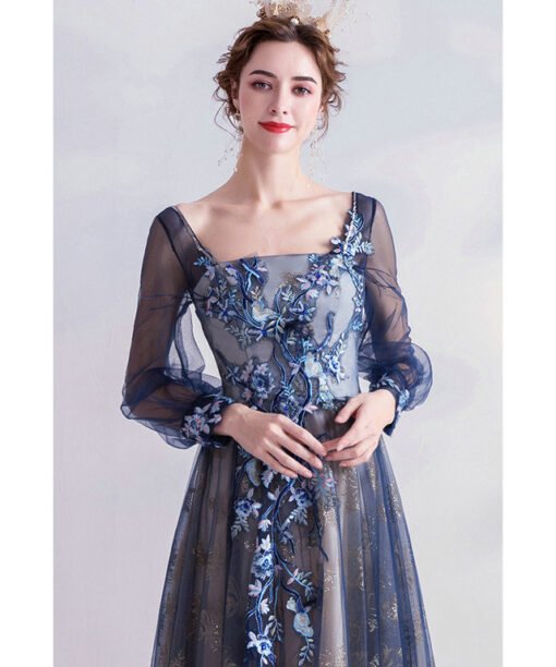 blue prom dress with sleeves 990-06