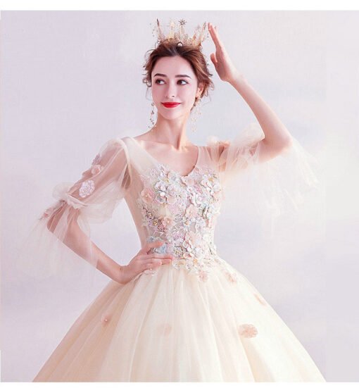 Champagne Ball Gown V Neck Wedding Dress Pink Flowers - Image 5