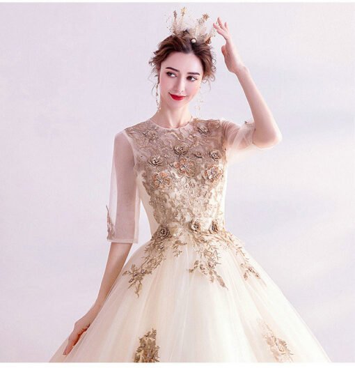 Half Sleeve Ball Gown Round Collar White and Gold Wedding Dress - Image 6