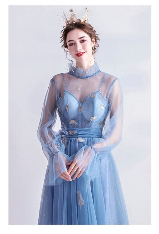 Light Blue Formal Dress High Neck A Line Long Sleeve Prom Dress - Image 8