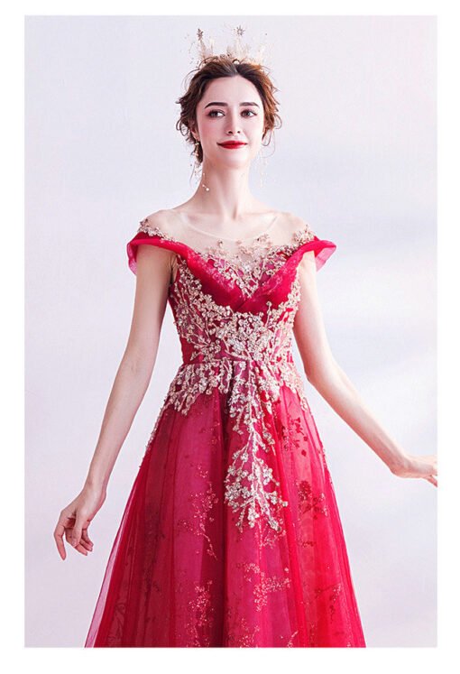 Red Evening Gown Round Collar A Line Cap Sleeve Long Prom Dress - Image 7