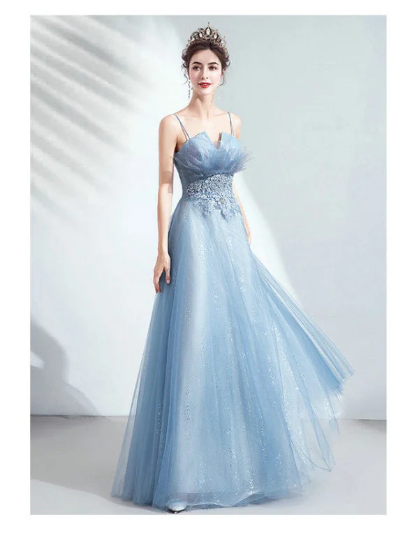 Spaghetti Strap Formal Dress A Line Blue Long Prom Dress - Image 4