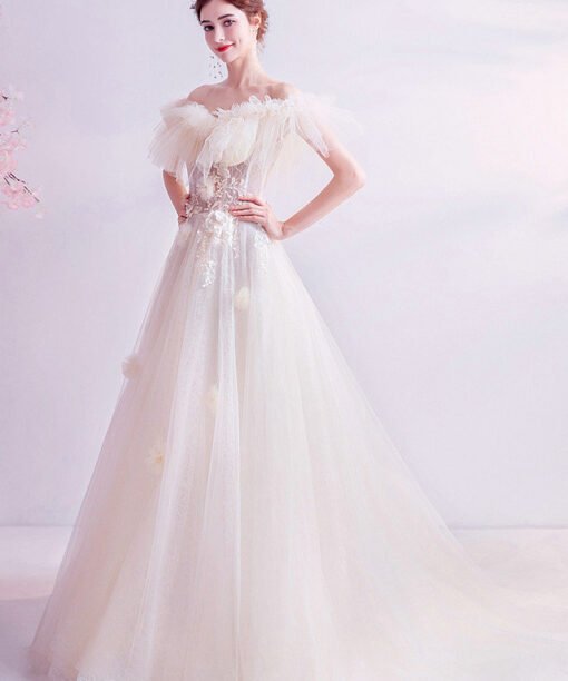a line wedding dress with train 1011-02