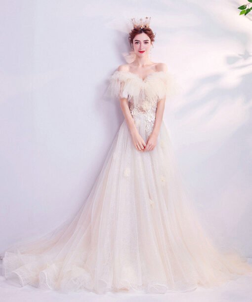 a line wedding dress with train 1011-05