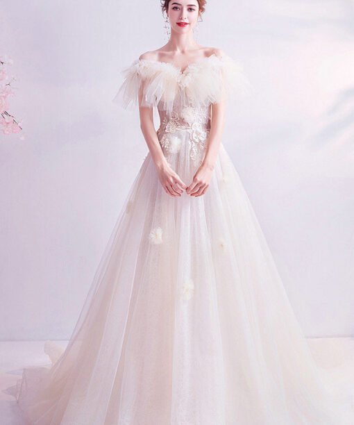a line wedding dress with train 1011-07