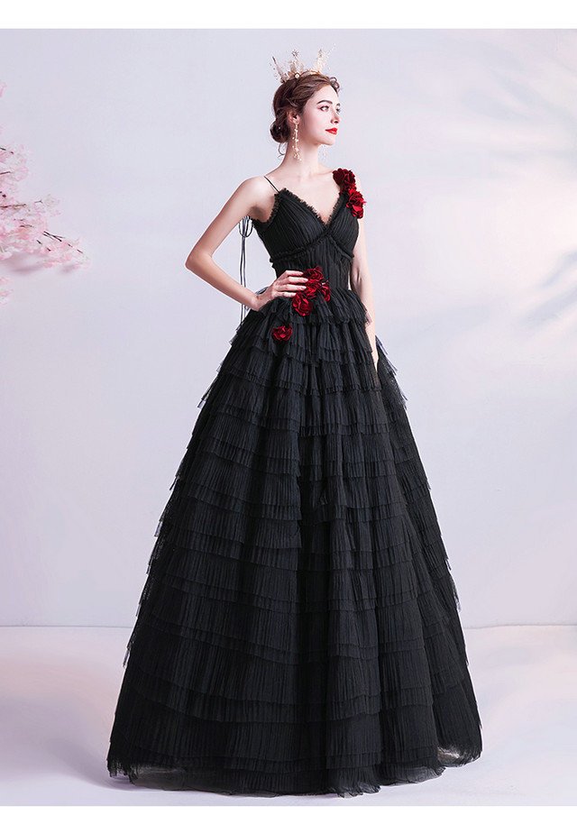 Black Ball Gown V Neck Spaghetti Strap Long Prom Dress