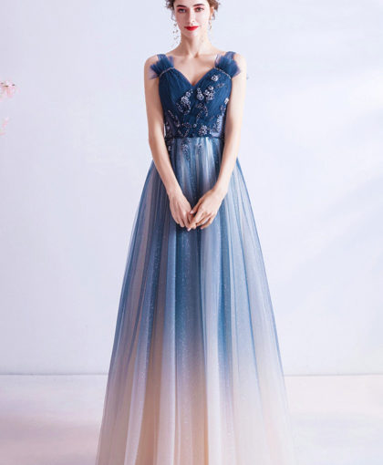 A-line Light Blue and Pink Long Evening Dress, Blue Party Dress Prom Dress