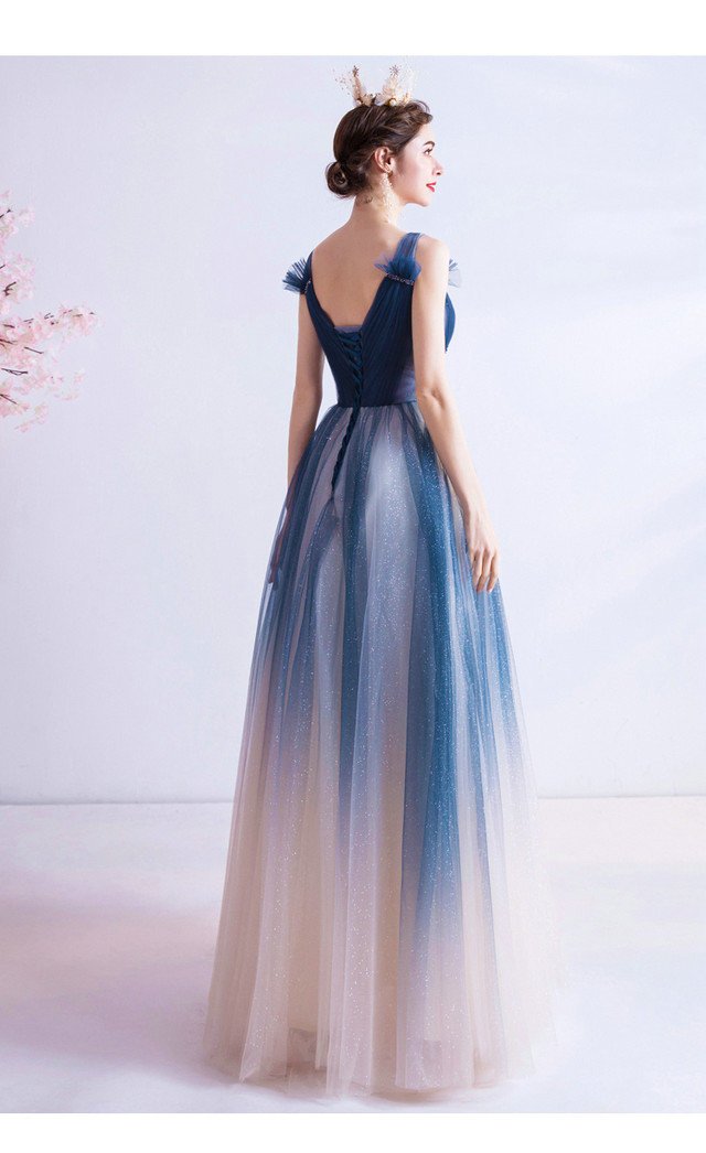 Blue And Pink Prom Dress V Neck A Line Long Bridesmaid Dress