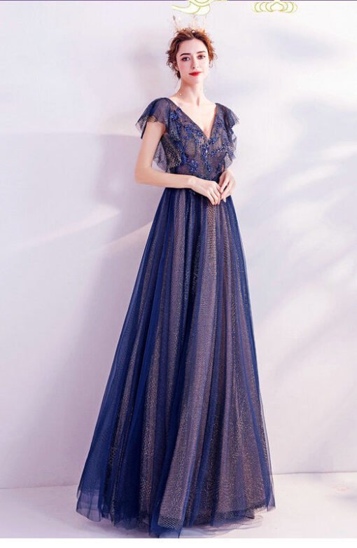 Blue Bridesmaid Dress V Neck Cap Sleeve Long Formal Prom Dress - Image 3