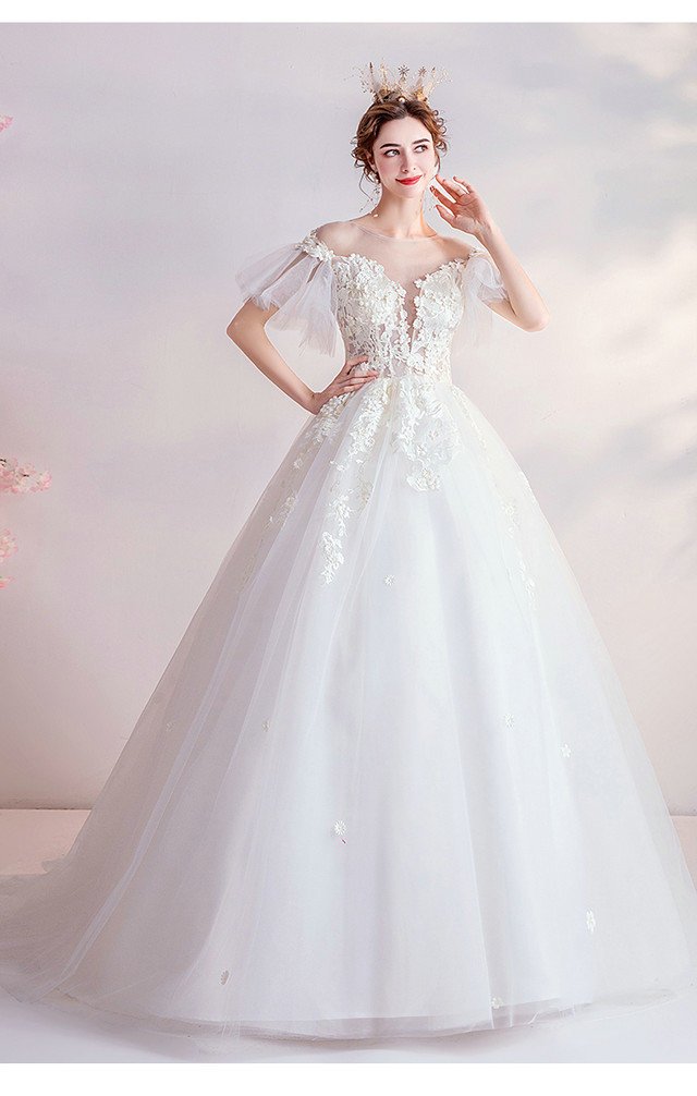 Deep V Neck Wedding Dress White Ball Gown Lace Bridal Dress