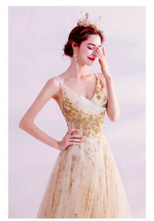 Gold Formal Dress Strap A Line Long Prom Dress For Sale - Image 4