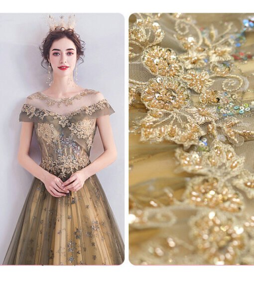 Gold Lace Prom Dress A Line Long Evening Dress For Sale - Image 5