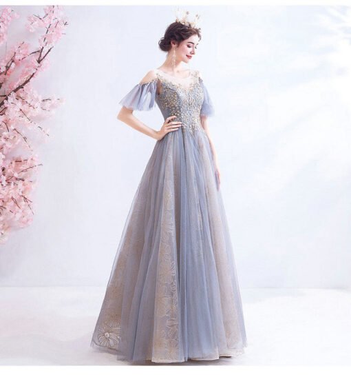 Grey Blue Prom Dress Round Collar Short Sleeves Formal Dress - Image 7
