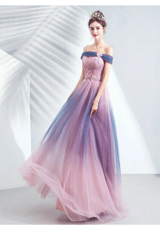 Pink And Blue Prom Dress Off The Shoulder A Line Evening Dress - Image 5