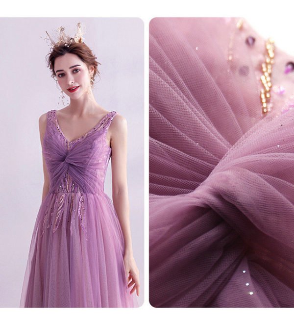 Purple Pink Prom Dress V Neck A Line Long Evening Dress Sale - Image 8