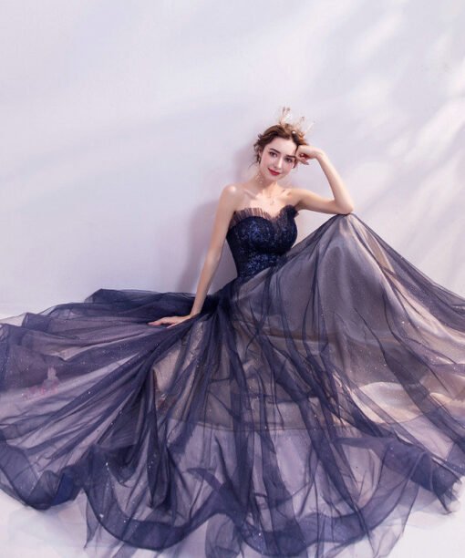 strapless blue prom dress 1013-08