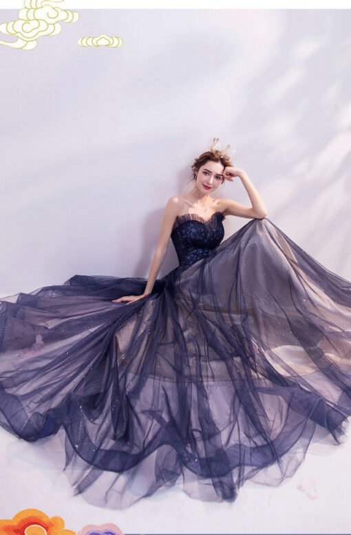 strapless blue prom dress 1013-08