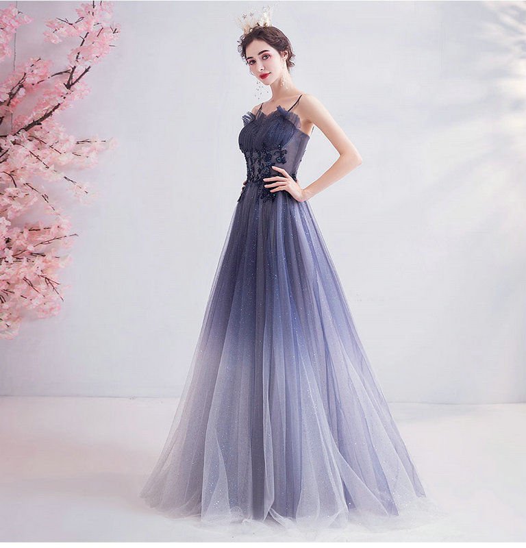A Line Blue Prom Dress Spaghetti Strap Long Formal Dress