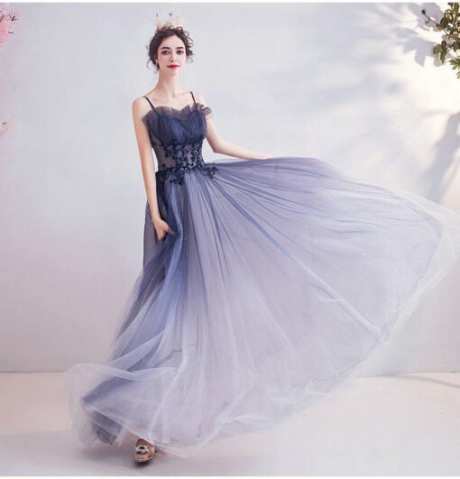 A Line Blue Prom Dress Spaghetti Strap Long Formal Dress - Image 8