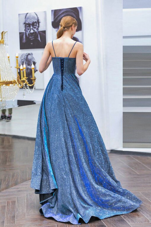 Blue Sparkle Dress Spaghetti Strap A Line Long Evening Dress - Image 2