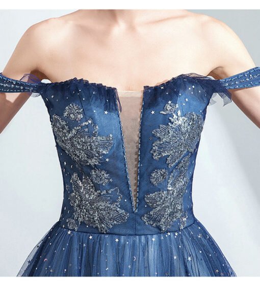Blue Sparkly Prom Dress Off The Shoulder A Line Long Formal Dress - Image 8