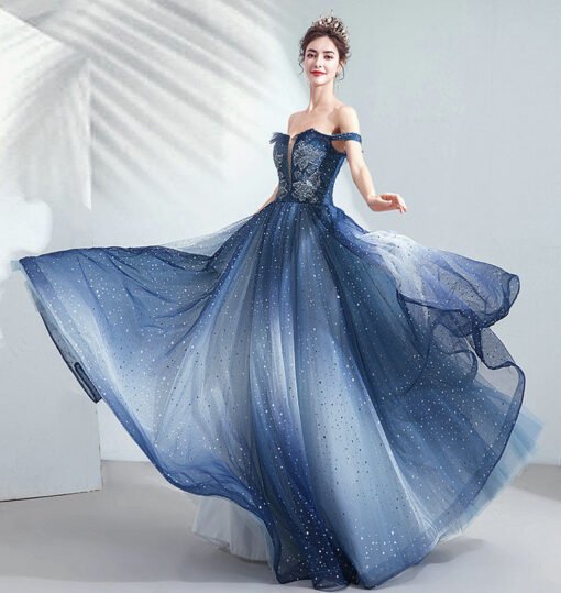 Blue Sparkly Prom Dress Off The Shoulder A Line Long Formal Dress - Image 7