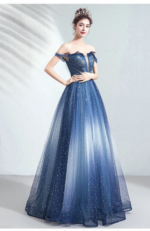 Blue Sparkly Prom Dress Off The Shoulder A Line Long Formal Dress - Image 3